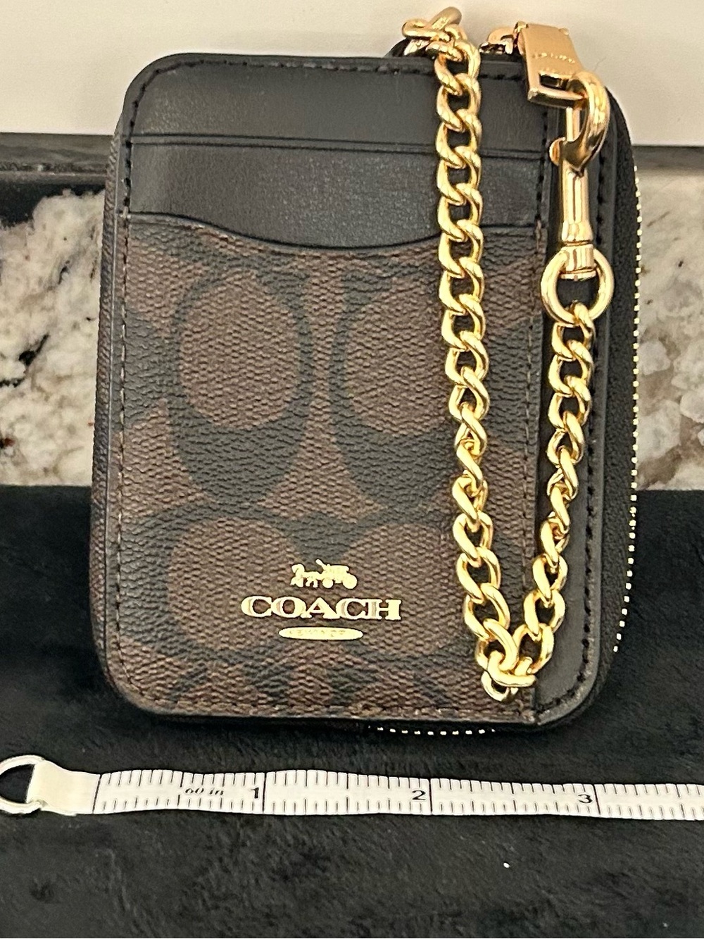 Coach Brown and Black Signature ID Card Holder with Gold Hardware